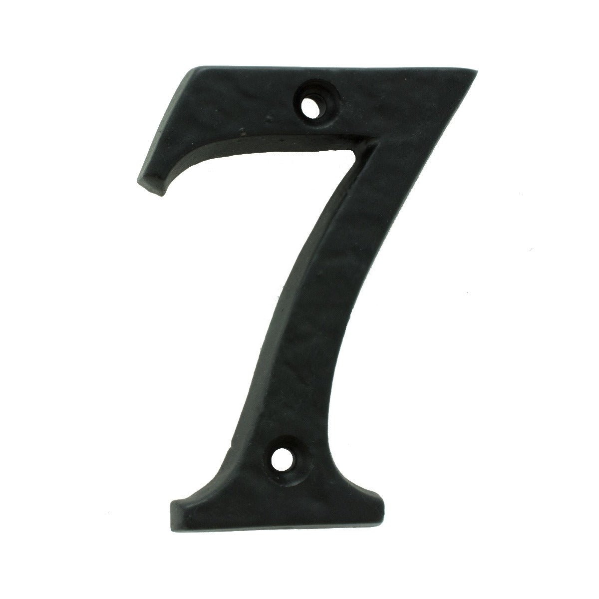 Carlisle Brass Numeral (Face Fix) in black, designed as a large '7' with a textured finish, featuring two pre-drilled holes for easy mounting.