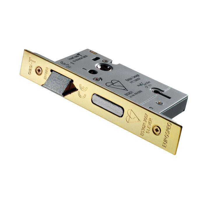 Carlisle Brass Easi T 5 Lever BS Sashlock featuring a polished gold finish and a silver metal body, designed for secure door locking with multiple lever options.