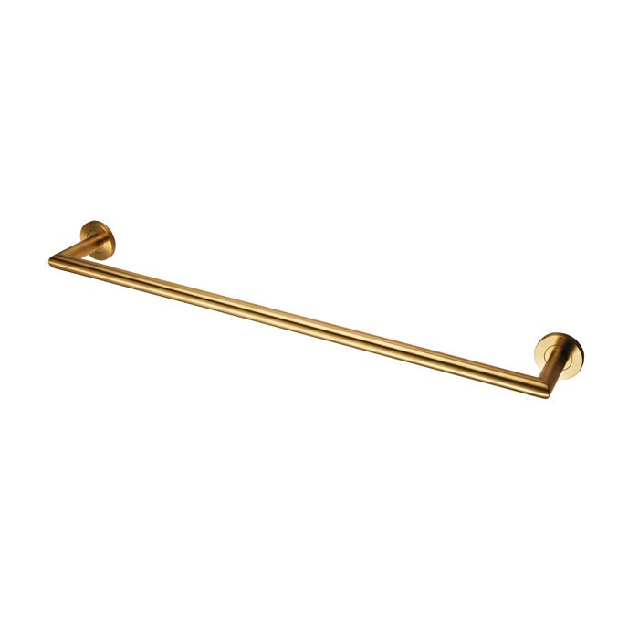 Carlisle Brass Stainless Steel Single Towel Rail in a brushed gold finish, featuring a straight bar design mounted on circular wall brackets.