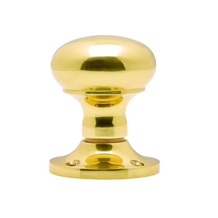 Carlisle Brass Mushroom Mortice Knob Unsprung in polished brass, featuring a rounded design and a circular base with three pre-drilled holes for easy installation.