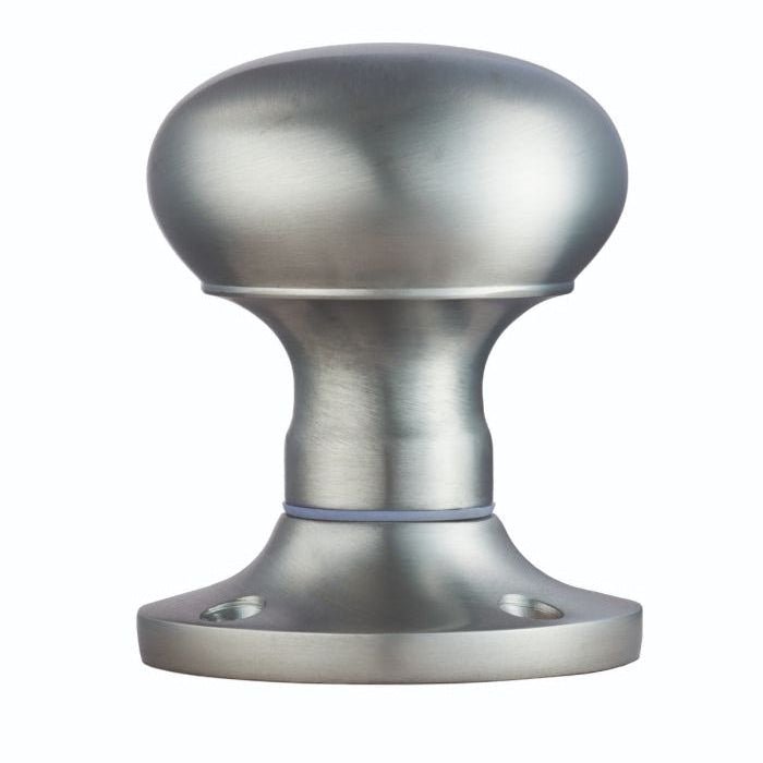 Carlisle Brass Mushroom Mortice Knob Unsprung in a brushed satin finish, featuring a rounded shape with a straight base and two screw holes for mounting.