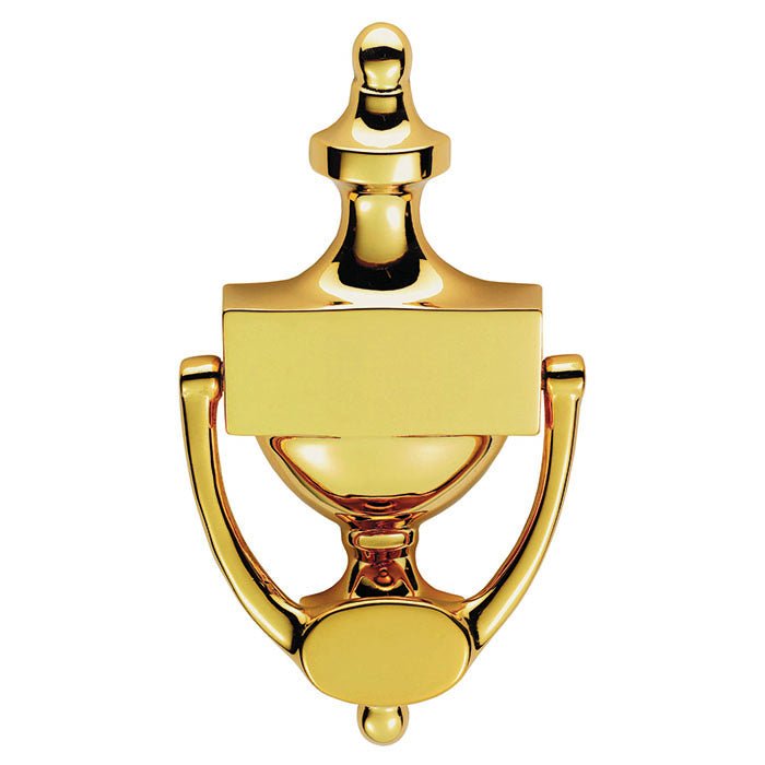 Carlisle Brass Victorian Urn Door Knocker in polished gold finish, featuring a traditional urn design and a rectangular plate for engraving or name display.