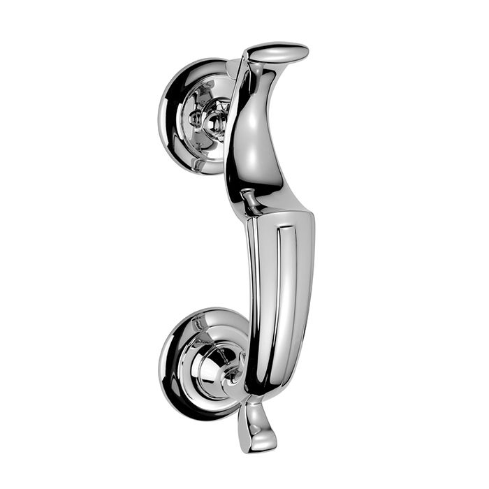Carlisle Brass Doctor's Knocker in polished chrome finish, featuring an elegant curved handle design mounted on circular backplates.