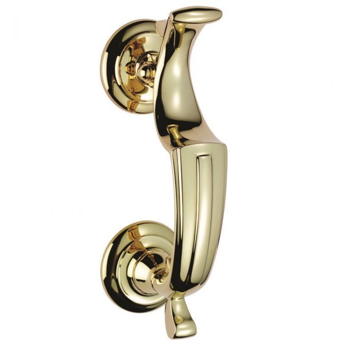 Carlisle Brass Doctor's Knocker in polished brass, featuring a traditional design with a smooth handle and round backplates.
