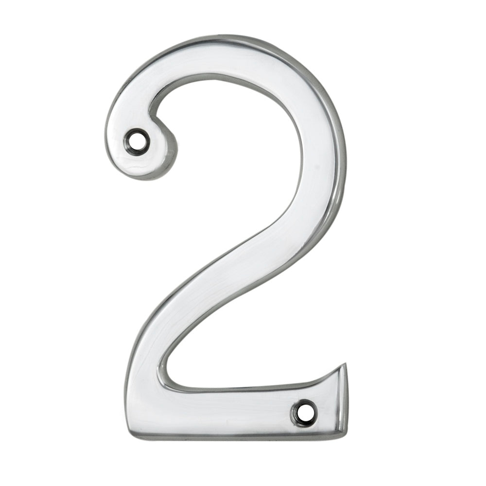 Carlisle Brass Numeral Face Fix (No.2) 76Mm in polished chrome, featuring a decorative number '2' with rounded edges and two mounting holes for easy installation.