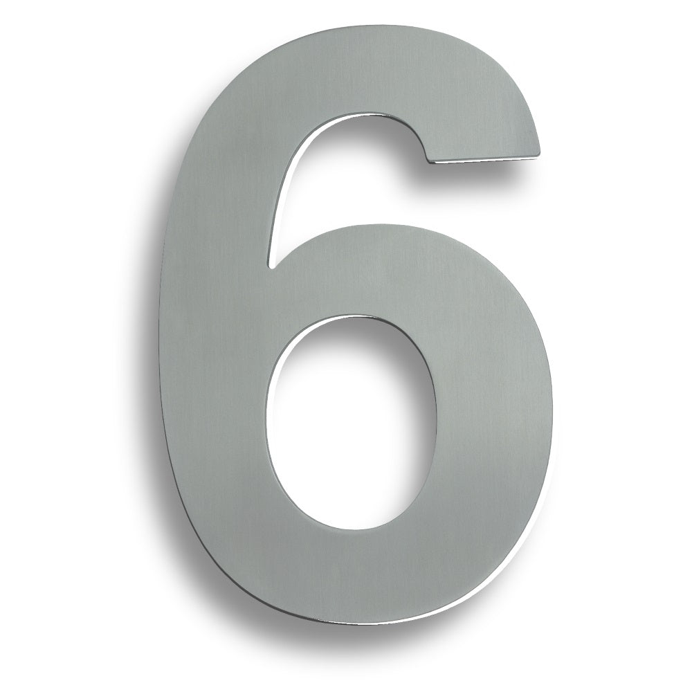 Carlisle Brass Stainless Steel Large Numerals & Letters feature a brushed finish, shown here with the numeral 6. The numeral has a modern design and is made of durable stainless steel, suitable for various signage applications.