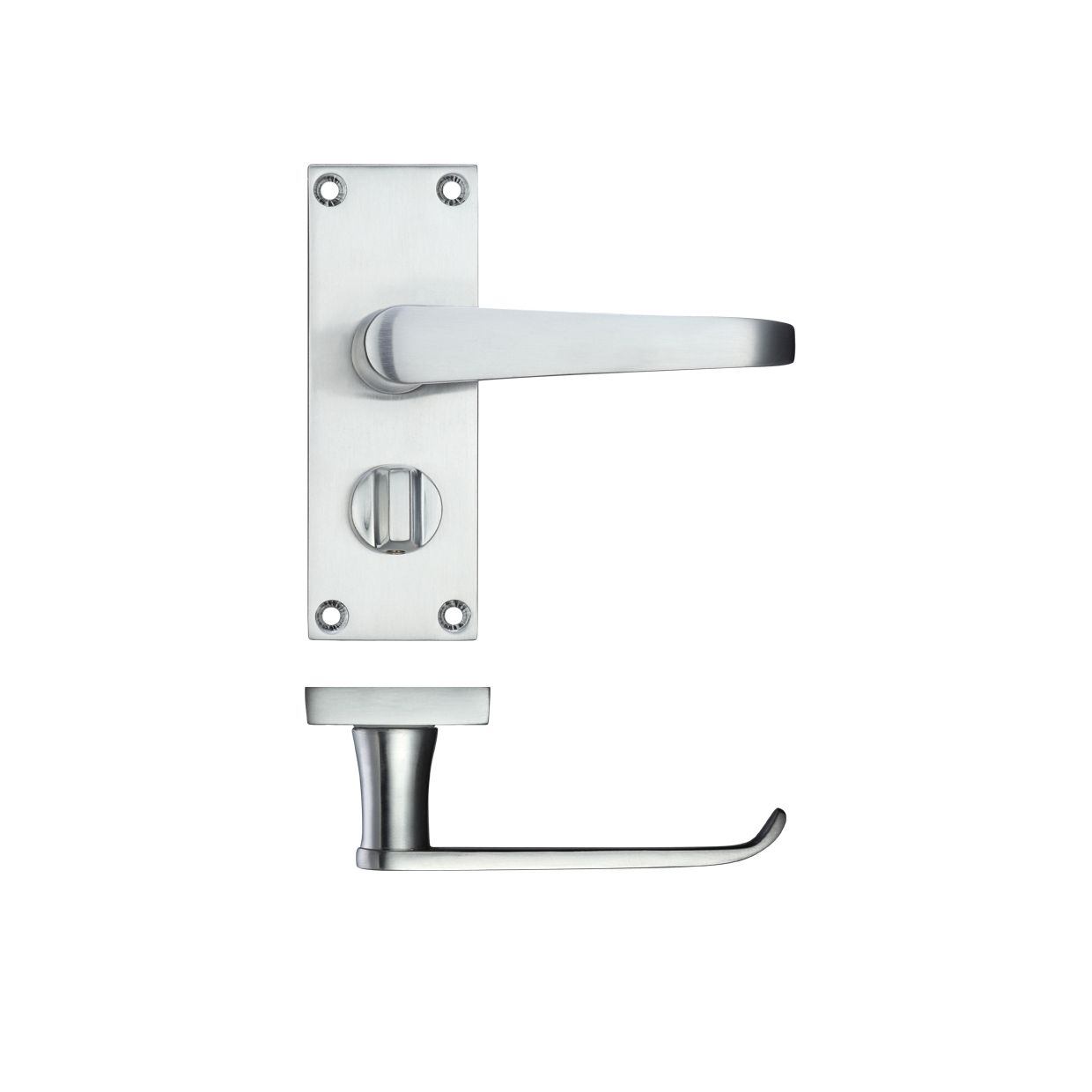 Zoo Hardware Project Victorian Flat Lever on Privacy Backplate measures 114 x 40mm, featuring a sleek stainless steel finish with a modern lever design and a round privacy lock mechanism.