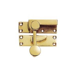 Carlisle Brass Quadrant Arm Sash Fastener in polished brass finish, featuring a round securing knob and a sliding bolt mechanism, mounted on a rectangular base with multiple screw holes for installation.