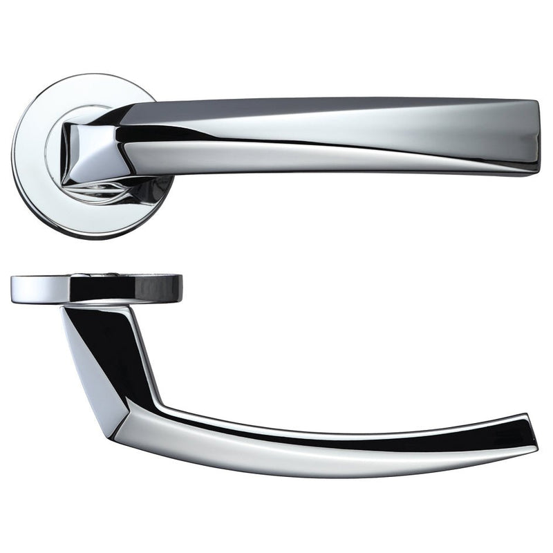 Zoo Hardware Hydra Lever Handle on Round Rose featuring a sleek chrome finish with a curved design. The handle is mounted on a round rose, providing a modern look with clear lines.