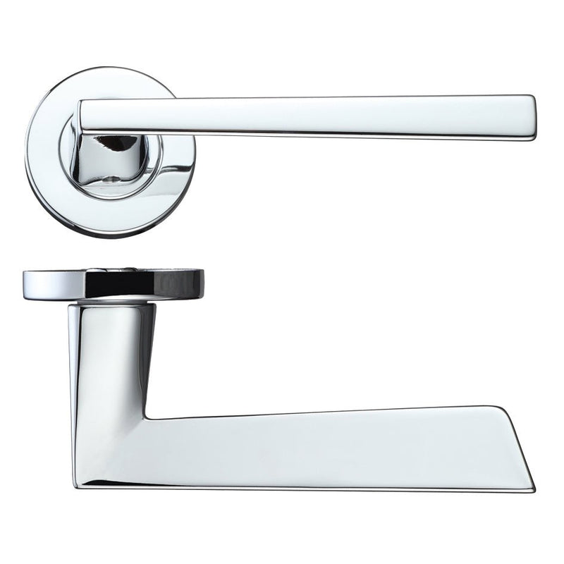 Zoo Hardware Lupus Lever on Round Rose in chrome finish, featuring a sleek, modern design with a round rose and elongated lever handle.
