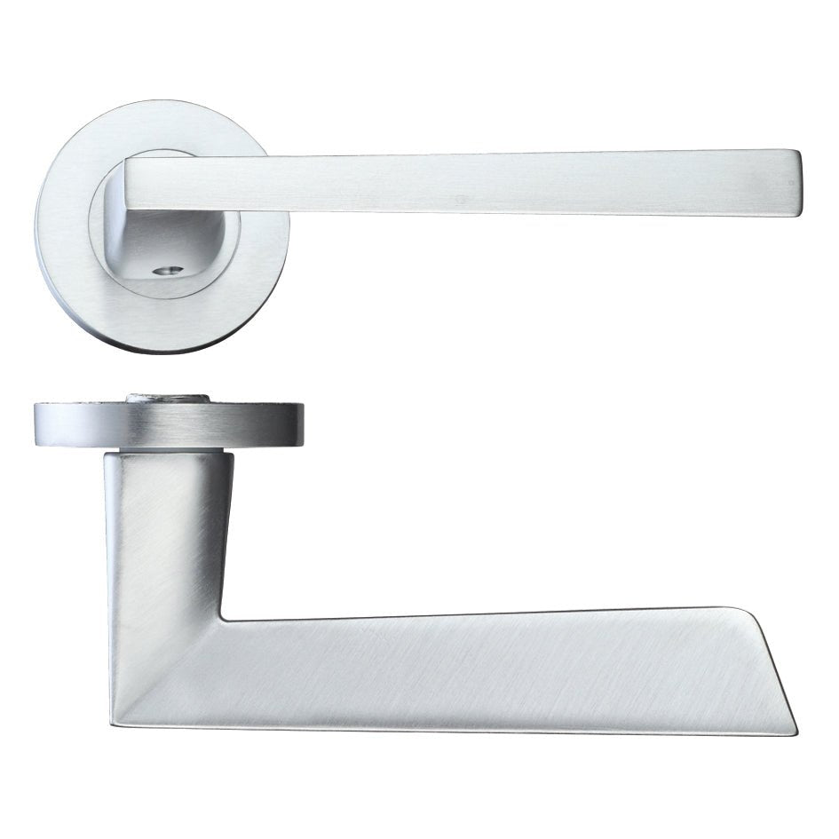 Zoo Hardware Lupus Lever on Round Rose in satin stainless steel, featuring a modern rectangular lever design attached to a round rose with a brushed metal finish.
