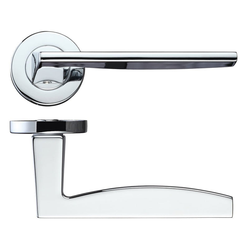 Zoo Hardware Pavo Lever on Round Rose featuring a polished chrome finish with a sleek lever design and circular rose plate, suitable for interior doors.