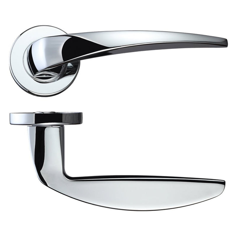 Zoo Hardware Cygnus Lever on Round Rose in polished chrome, featuring a sleek, curved lever design and circular rose. This door lever set displays a modern look suitable for various interior doors.