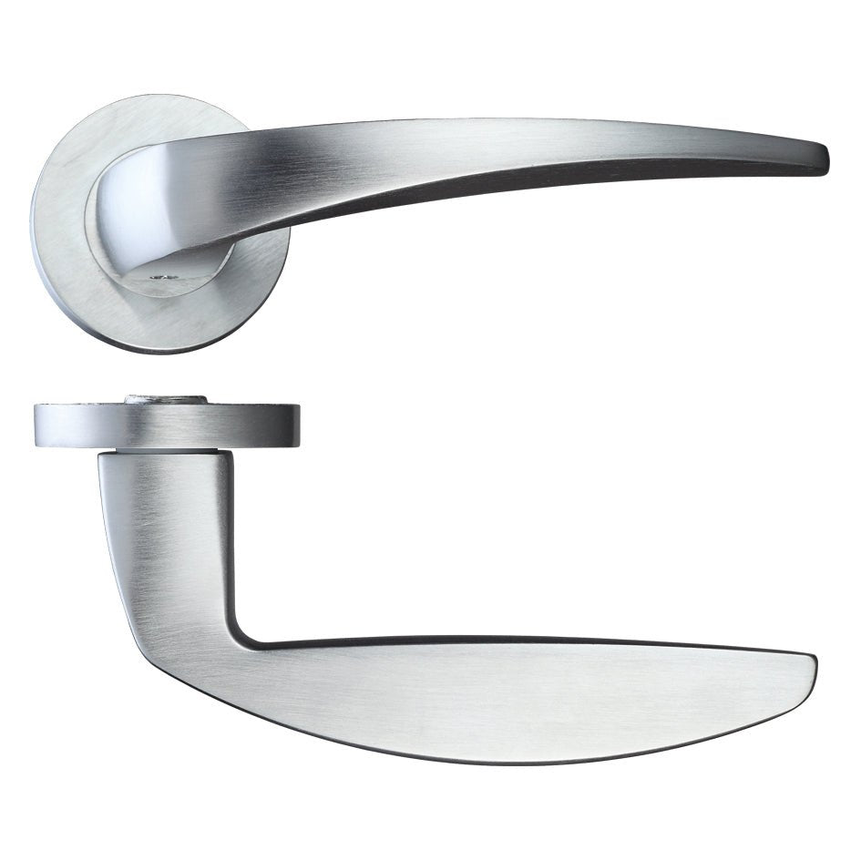 Zoo Hardware Cygnus Lever on Round Rose in brushed stainless steel, featuring a sleek curved lever design and a round rose for mounting, ideal for door hardware applications.