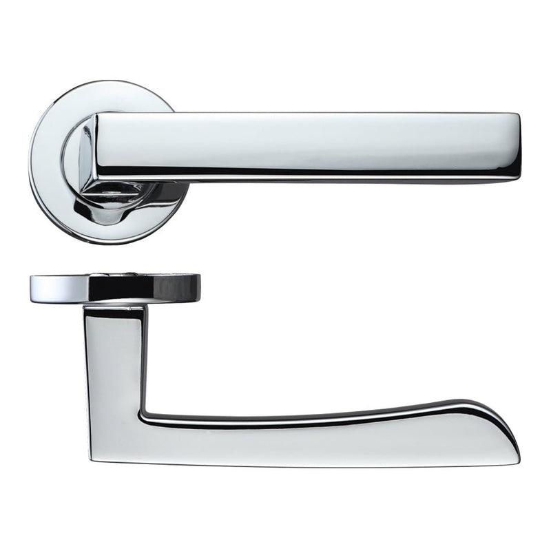 Zoo Hardware Mensa Lever on Round Rose in chrome finish, featuring a sleek rectangular lever design and matching round rose plate, suitable for modern door installations.