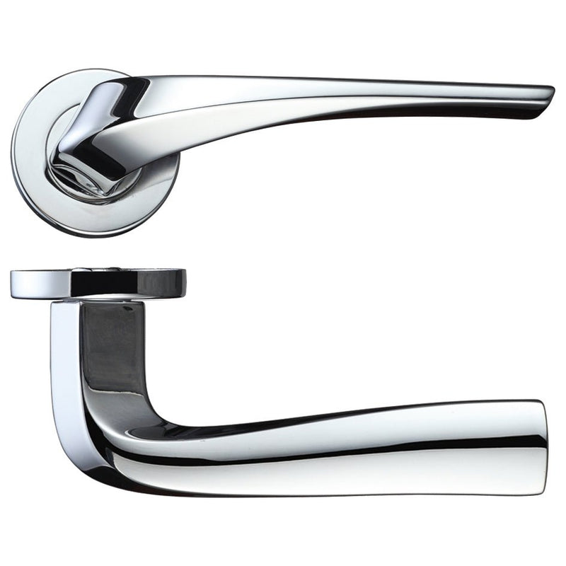 Zoo Hardware Aries Lever on Round Rose in a polished chrome finish, featuring a sleek, curved lever design and a matching circular rose.