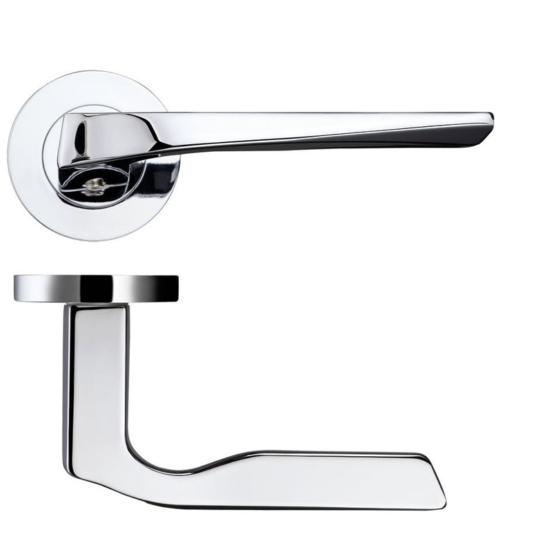 Zoo Hardware Lyra Lever on Round Rose in a polished chrome finish, featuring a sleek lever design and a round rosette for mounting.