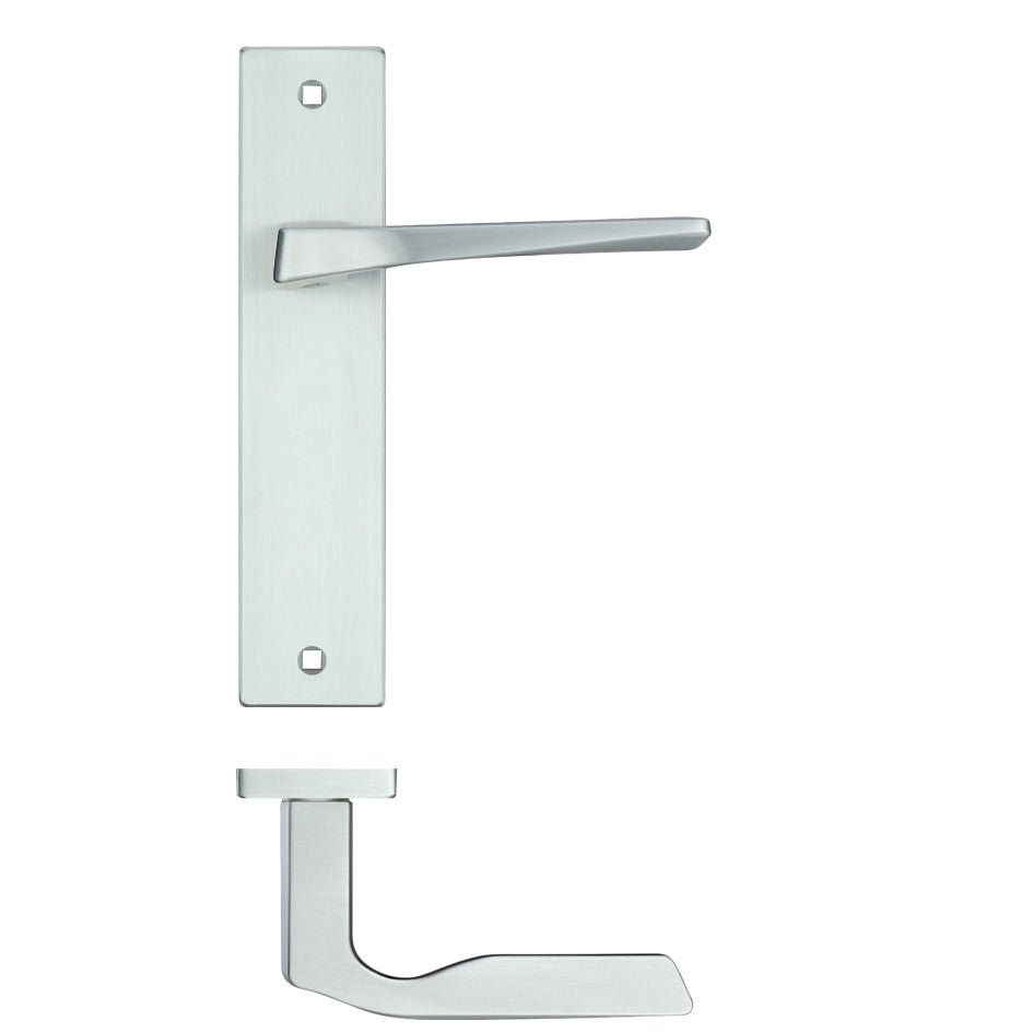 Zoo Hardware Lyra Lever Latch On Backplate measuring 190x42mm, featuring a brushed stainless steel finish with a sleek lever handle and square backplate design for modern door hardware.