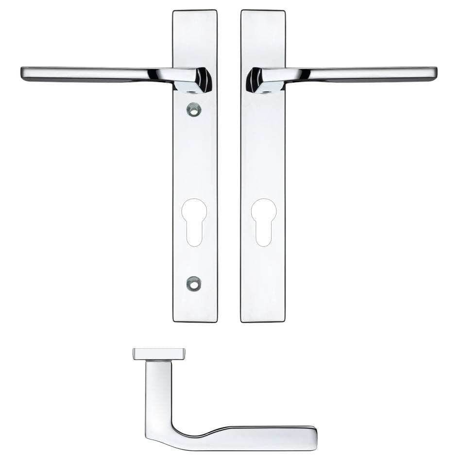Zoo Hardware Vela Lever Euro Lock on Narrow Backplate featuring a polished chrome finish with two matching lever handles and a narrow rectangular backplate design.