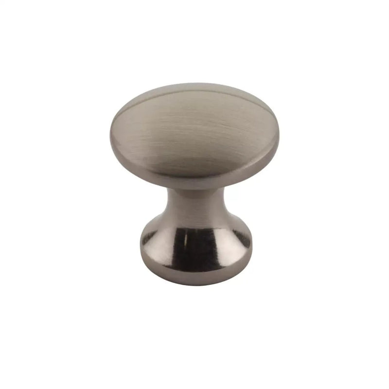 Zoo Hardware Round Cabinet Knob with a diameter of 24.2mm, featuring a sleek brushed nickel finish and a rounded design with a tapered base, suitable for cabinets and drawers.