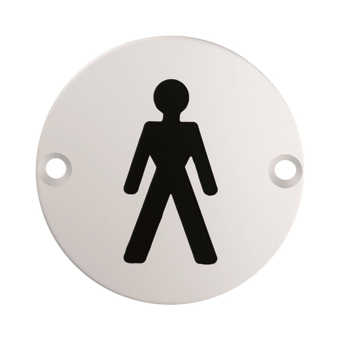 Carlisle Brass Male Symbols sign in white with a black male figure silhouette, featuring a round design with two mounting holes.