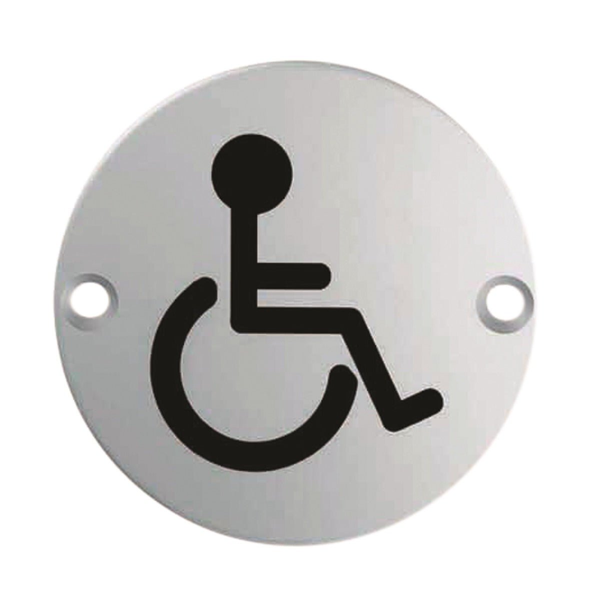 Carlisle Brass Disabled Symbols in a circular shape featuring a black wheelchair icon on a silver background, with two holes for mounting.