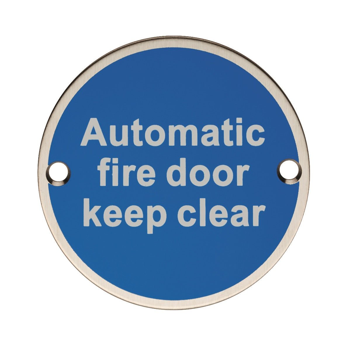 Carlisle Brass Automatic Fire Door - Keep Clear sign in blue with white text, featuring a circular shape and two mounting holes for installation.