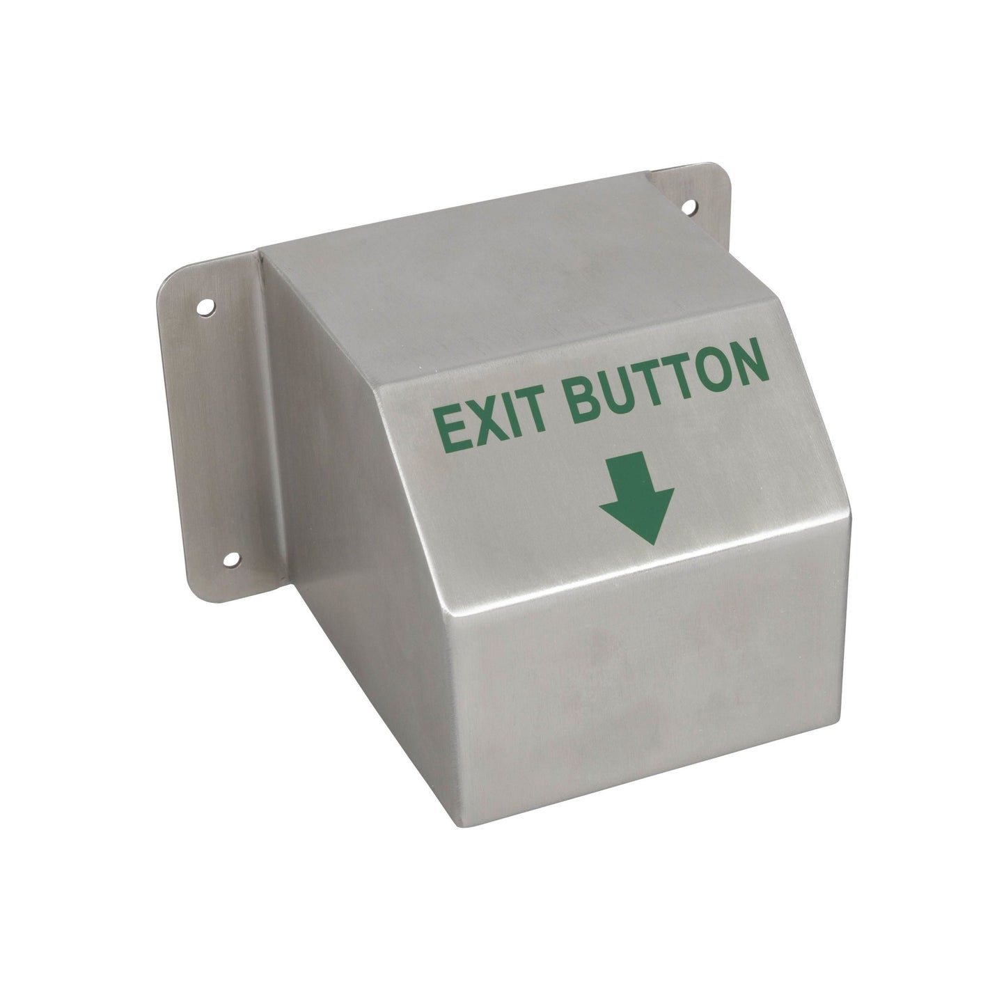 Zoo Hardware External Stainless Steel Button Cover measuring 100 x 100 x 120 mm, featuring an angled design with "EXIT BUTTON" text and downward arrow in green, intended for exterior mounting applications.