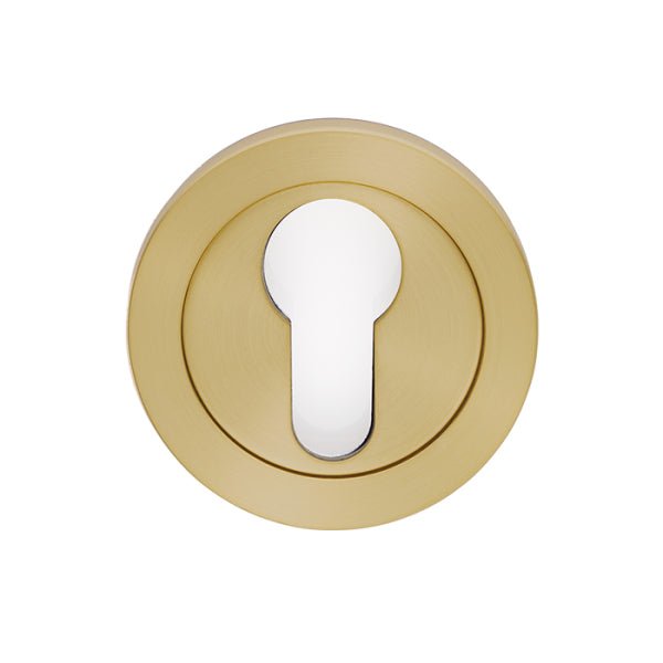 Carlisle Brass SWL Escutcheon - Euro Profile in a brushed brass finish, featuring a round design with a keyhole cutout in the center.