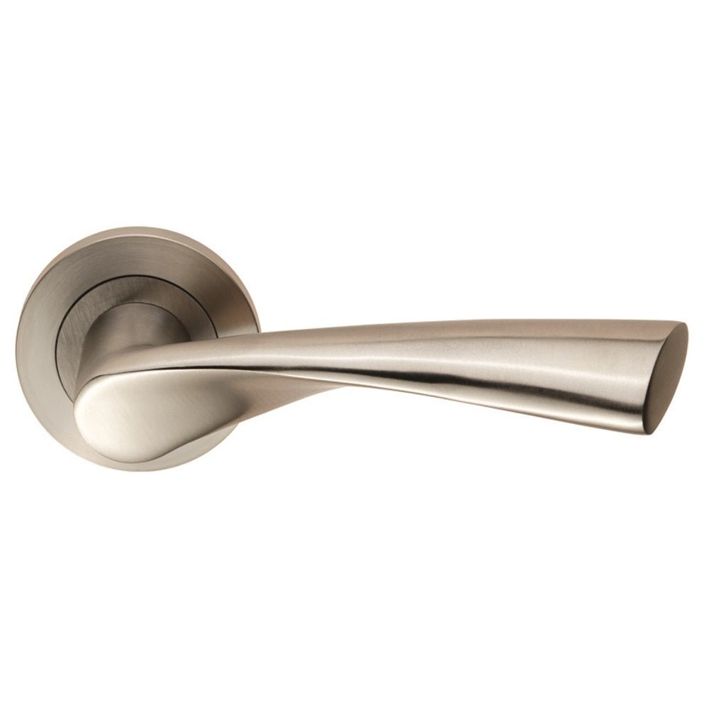 Carlisle Brass SWL Breeze Lever on Rose in a satin nickel finish, featuring a sleek, curved design with a round rose plate.