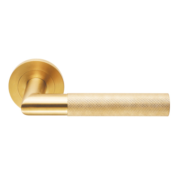 Carlisle Brass Crown Knurled Lever in a brushed gold finish, featuring a knurled textured grip and a matching round rose mount.