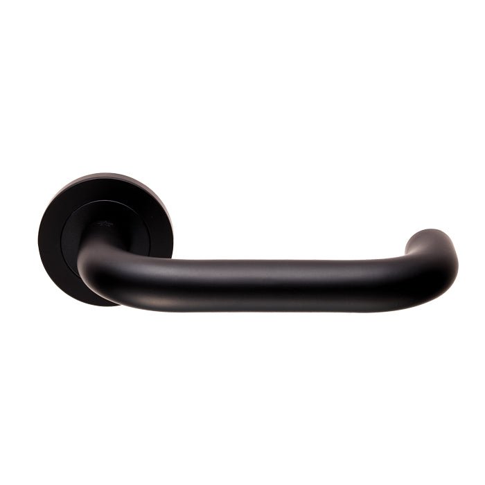 Carlisle Brass SWL Nera Lever on Rose in a matte black finish, featuring a curved handle design mounted on a round rose plate.