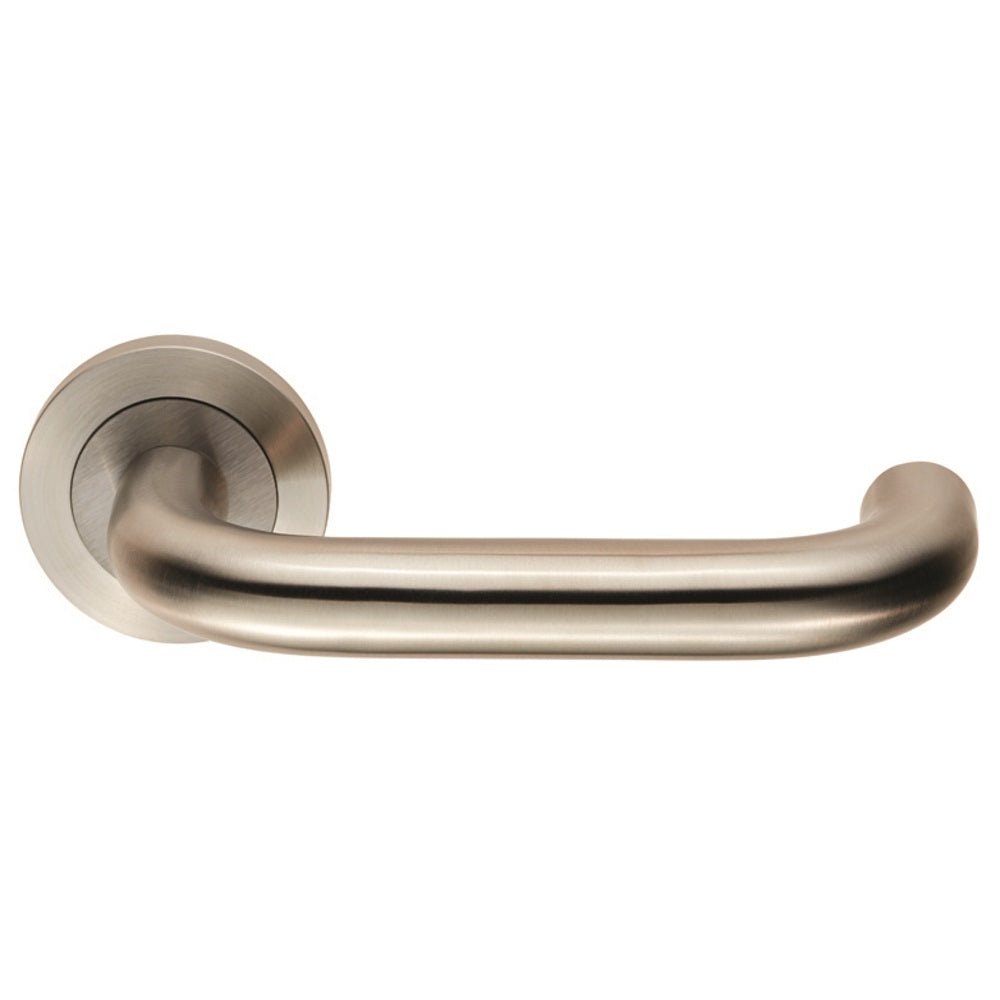Carlisle Brass SWL Nera Lever on Rose in brushed nickel finish, featuring a smooth, curved handle attached to a circular rose plate, designed for easy gripping.