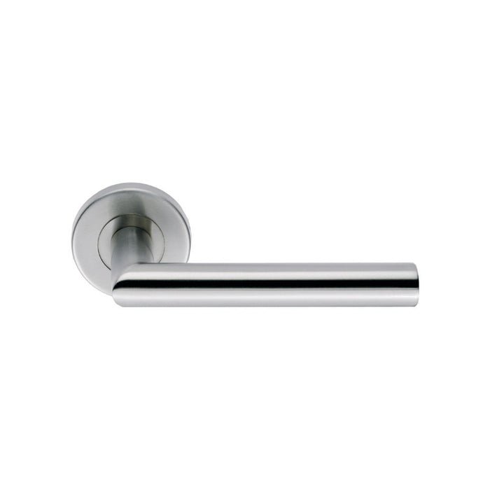 Carlisle Brass SWL Treviri Lever on Rose in polished stainless steel, featuring a sleek cylindrical design with a round rose plate for easy installation.