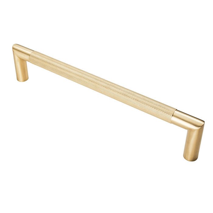 Carlisle Brass Mitred Knurled Pull Handle Range in a brushed gold finish, featuring a knurled pattern for grip and angled ends for mounting. This handle is designed for cabinetry or furniture.