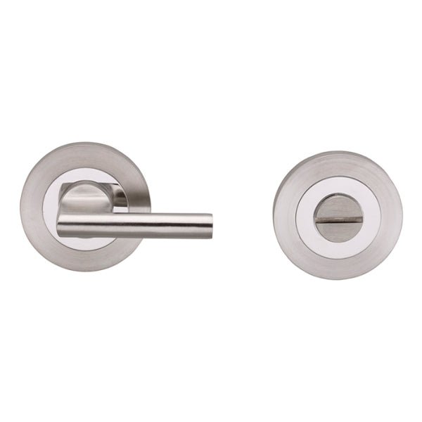 Carlisle Brass SWL Disabled Thumbturn in stainless steel features a sleek lever handle design and a rounded escutcheon with a thumbturn mechanism.
