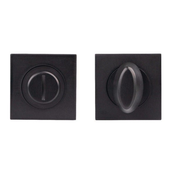 Carlisle Brass Square Thumbturn and Release, measuring 51mm x 51mm, in a black finish with a square design and oval release mechanism.
