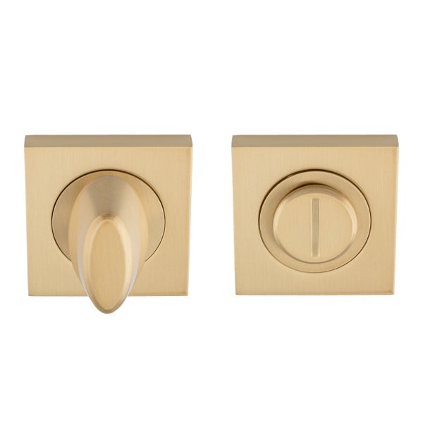 Carlisle Brass Square Thumbturn and Release in a brushed brass finish, with a square design featuring a thumbturn on one side and a release mechanism on the other, each with a subtle, modern profile.