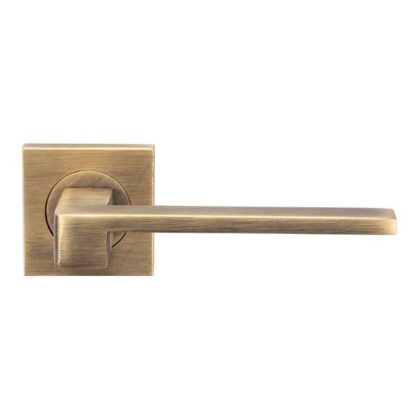 Carlisle Brass Equi Lever on Square Rose in a satin brass finish, featuring a rectangular lever and a square rose measuring 51.5mm x 51.5mm, designed for door applications.