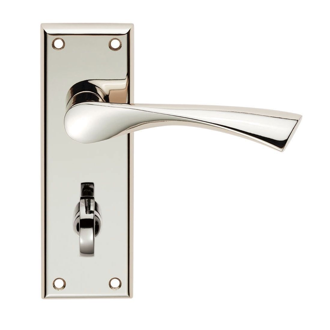 Carlisle Brass Venti Lever on Backplate in polished chrome finish, featuring a curved lever and a keyhole for locking, mounted on a rectangular backplate with visible screw holes.