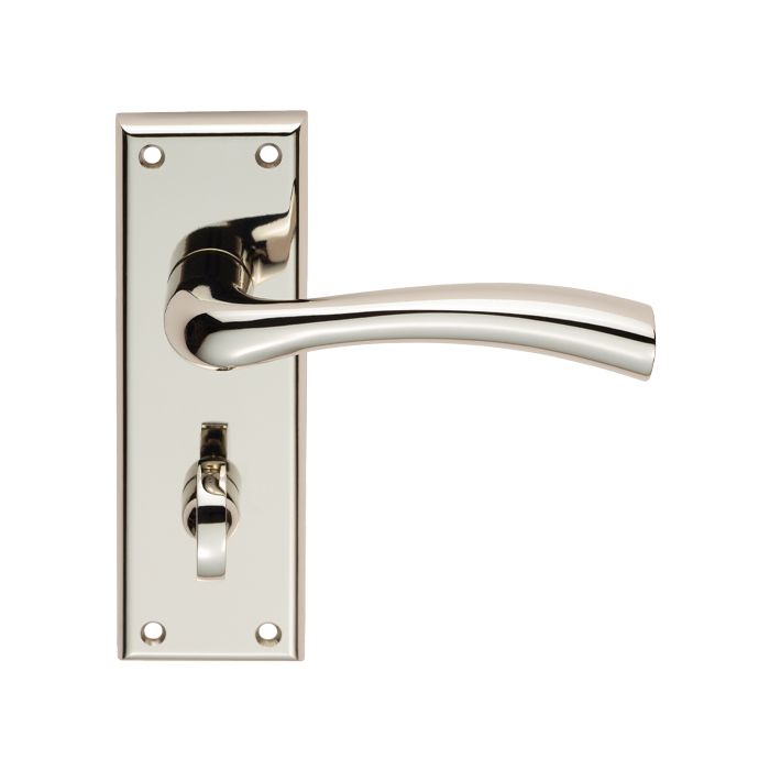 Carlisle Brass Cinquanta Lever on Backplate in polished nickel finish, featuring a curved lever handle and a keyhole beneath it, mounted on a rectangular backplate.