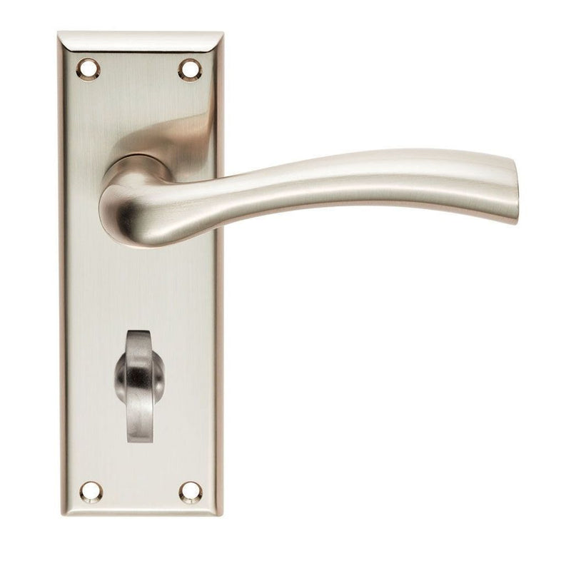 Carlisle Brass Cinquanta Lever on Backplate in satin nickel finish, featuring a curved lever handle and a locking mechanism on the backplate, designed for interior doors.
