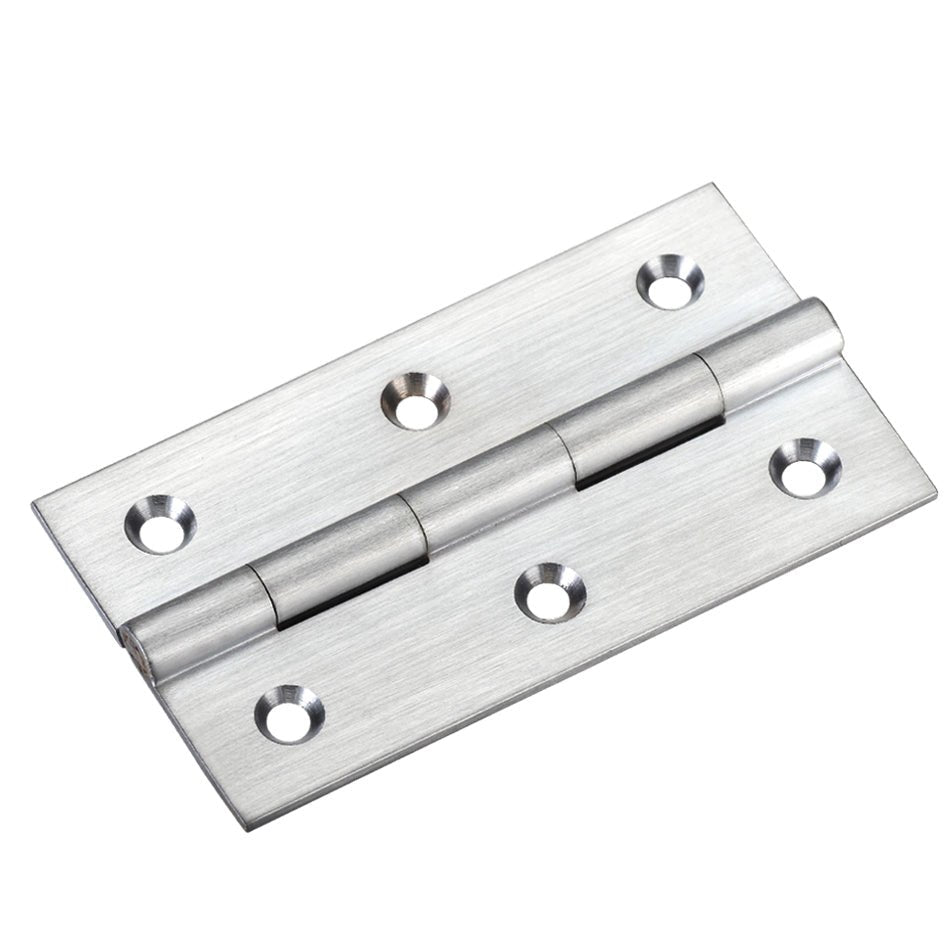 Zoo Hardware Solid Drawn Brass Butt Hinges, featuring a brushed metal finish with six mounting holes and a sturdy hinge pin for secure attachment.