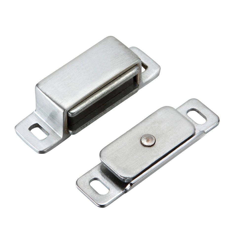 Zoo Hardware Magnetic Catch in brushed steel finish, featuring a rectangular body with a vertical slot and a sliding mechanism for secure fastening, shown with mounting plates on each end.