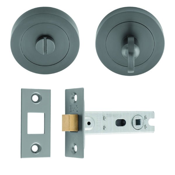 Carlisle Brass UDP Bathroom Pack in gray, featuring round privacy knobs with turn-button lock and a latch mechanism included, designed for bathroom doors.