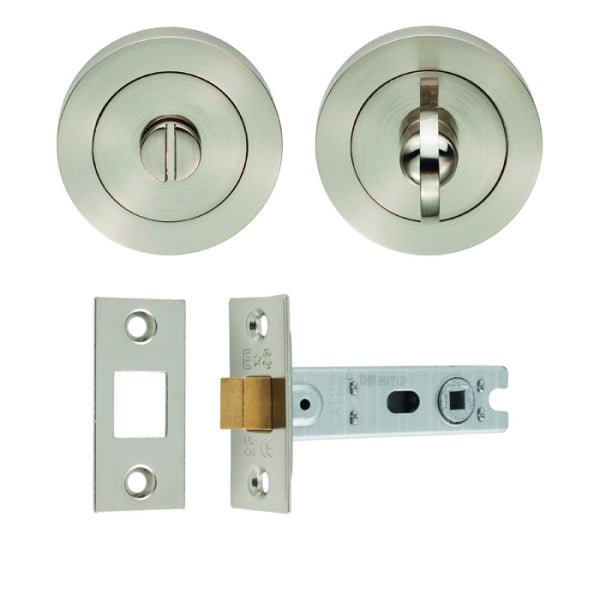 Carlisle Brass UDP Bathroom Pack featuring polished chrome finish, includes two round privacy locks and a rectangular strike plate with a brass insert for secure installation.