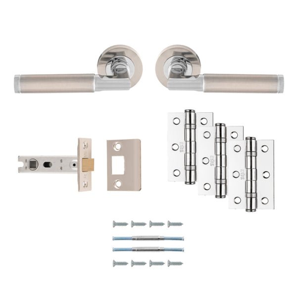 Carlisle Brass Belas Door Handle Pack featuring levers in a brushed nickel finish, includes latch, hinges in polished chrome with a reflective surface, and screws for installation, offered in five finishes.