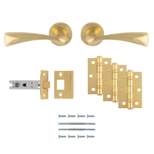 Carlisle Brass Sintra Door Handle Pack featuring levers in a gold finish, complete with latches and hinges. The set includes two levers, matched hinges, a latch mechanism, and screws for assembly.