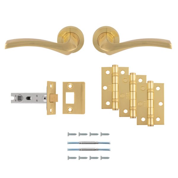 Carlisle Brass Sines Door Handle Pack including a set of lever handles, latch, and hinges in a sleek gold finish, made of durable metal. The package consists of all necessary components, including screws for installation.