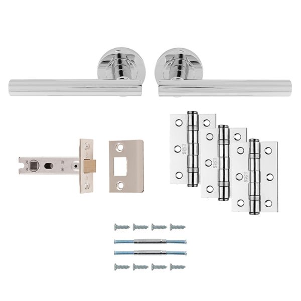 Carlisle Brass Faro Door Handle Pack featuring a lever design, chrome finish, and includes a latch, hinges in various finishes, and screws for installation.